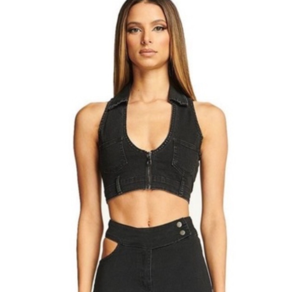 I.AM.GIA Black Denim Zipper Crop Top